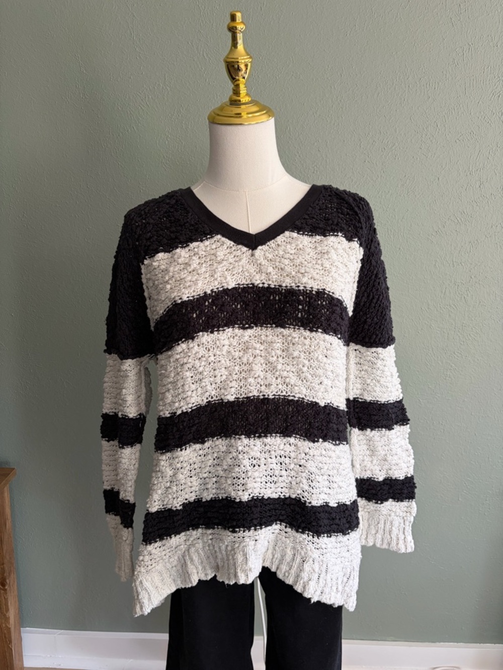 Free People Black and White V-Neck Sweater